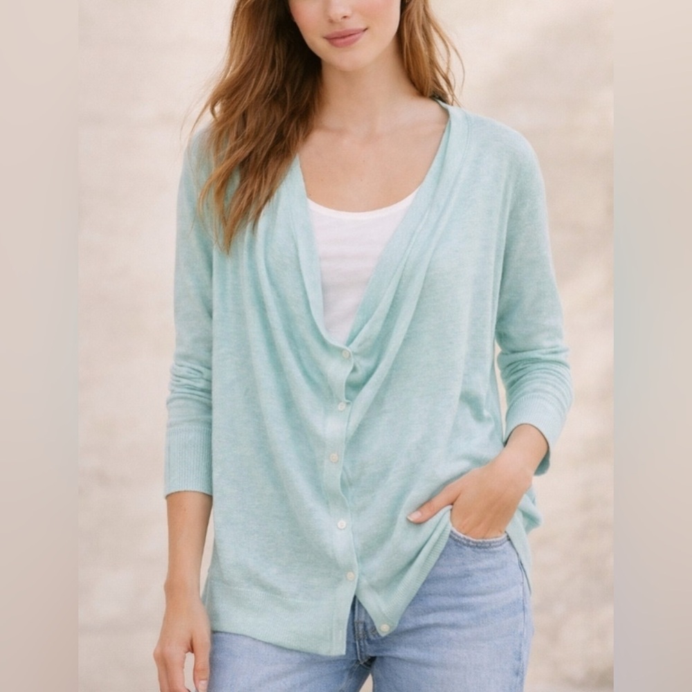 Garnet Hill Easy Linen Drape Front Cardigan size L Coastal Cottage